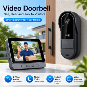 4.3" HD Wireless Video Doorbell for Home Security, 2.4GHz Long Distance WiFi, No App Needed, Two-Way Talk, Rechargeable Wall Camera, Infrared Night Vision, 32GB/64GB Card Optional, Video Playback, Indoor & Outdoor Use