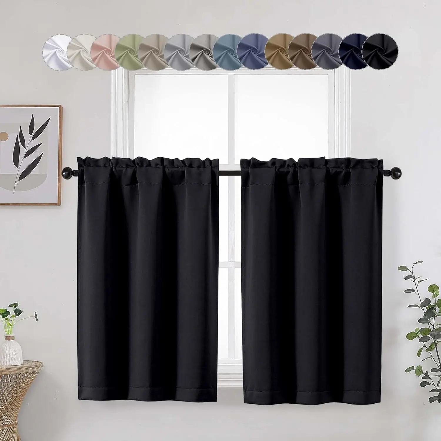 Tiered Panels Thermal Fabric Window Covering - 2-Pack 30" Wx36" L Cafe Curtains with Insulation, Short Room Darkening Blackout for Kitchen Sink, Bathroom, Black
