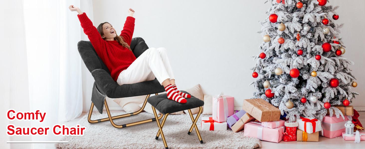 Comfy Saucer Chair, Foldable Living Room Chairs, Soft Faux Fur Lounge Chair for Bedroom, Reading Chairs for Adults,Teens, X-Large (Black)