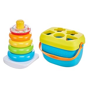 Baby’s First Blocks & Rock-a-Stack Toy Set, Bucket of 10 Shapes & Ring Stacking Activity for Developmental Play Ages 6+ Months (Amazon Exclusive)