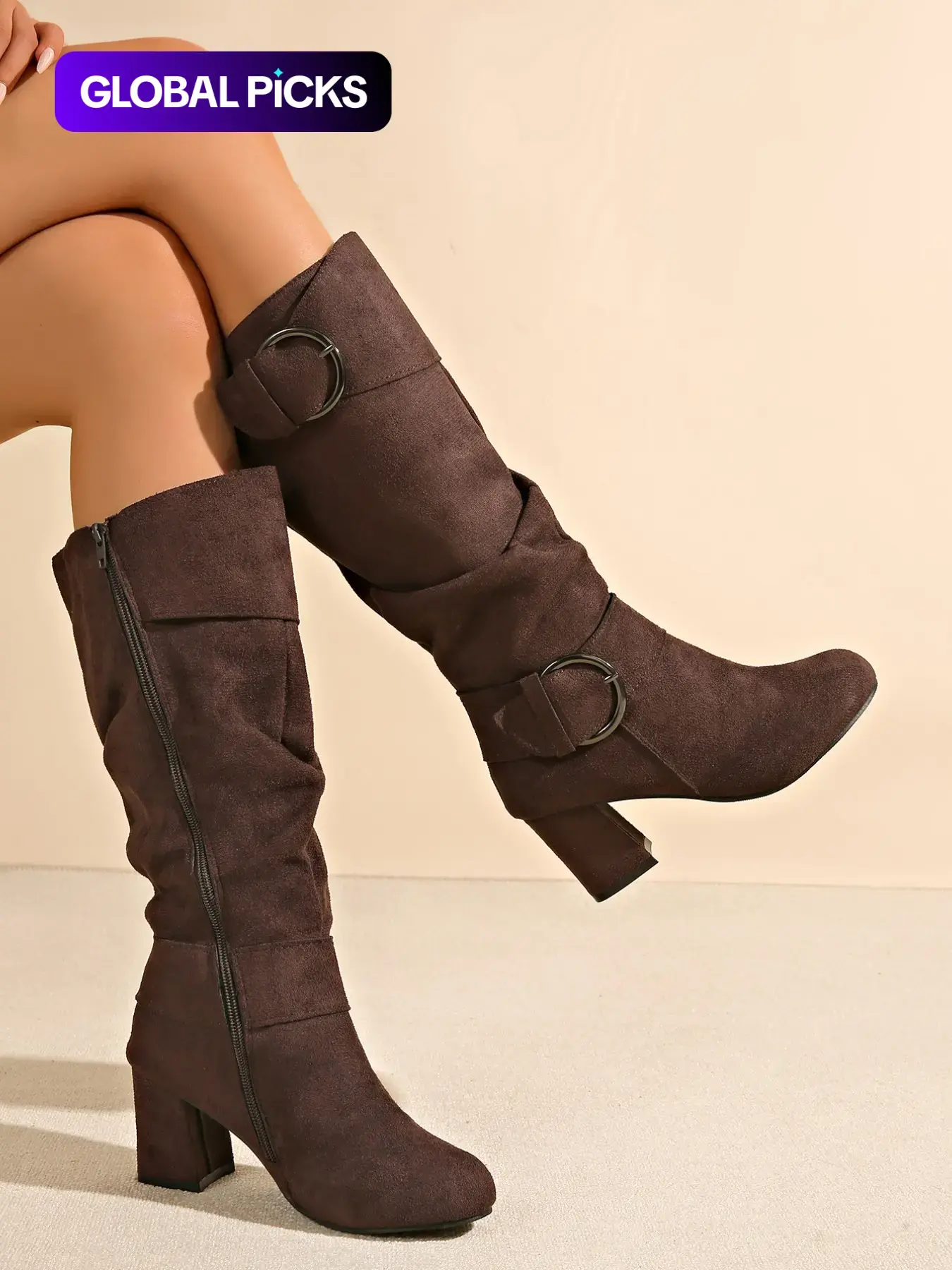 【Black Friday】New European and American Pleated Knight Long Boots, Round Toe Thick Heel Metal Buckle High Ankle Boots, Side Zipper Fall Winter Women's Shoes