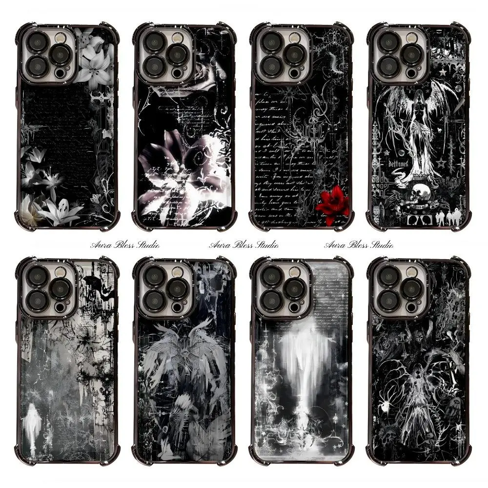 Y2K INS Black Lines Gothic Cross Collage Angel Flower Skull Cool Phone Cases For iPhone 17 Promax Air 16 15 14 Pro Max Plus 13 12 11 Transparent TPU Shockproof Protective Cover Gifts
