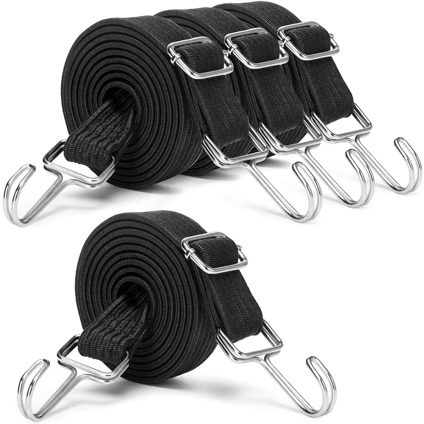 Black Adjustable Bungee Cords with Hooks Set,80" Long Flat Heavy Duty Elasticity Straps,with Length Adjustment Metal Buckle Luggage Elastic Rope,for Moving Heavy Duty Cargo (4 Pack)