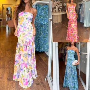 Women's Strapless Flowers Mesh Patchwork Maxi Dress, Sexy High Split Bandeau Dress for Beach & Vacation