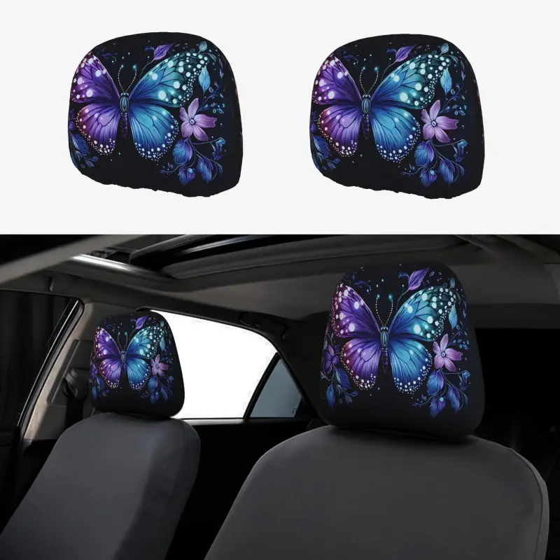 2-Pack Colorful Butterfly Cartoon Car Headrest Covers, Slide-on Installation, Comfortable Seat Protectors, Unstuffed, Durable Interior Decoration for UVs, Sedans, Trucks