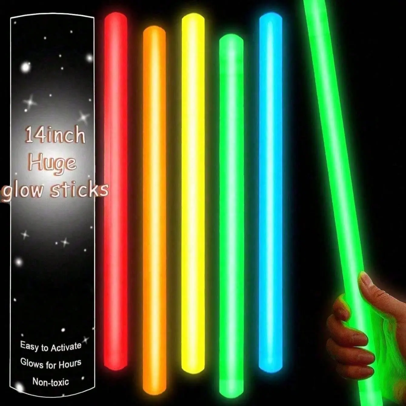 14 Inch Large Party Glow Sticks, Ultra Bright, 9-12 Hours Lighting, Perfect for Night Hikes, Outdoor Events, Parties, Festivals, Gatherings
