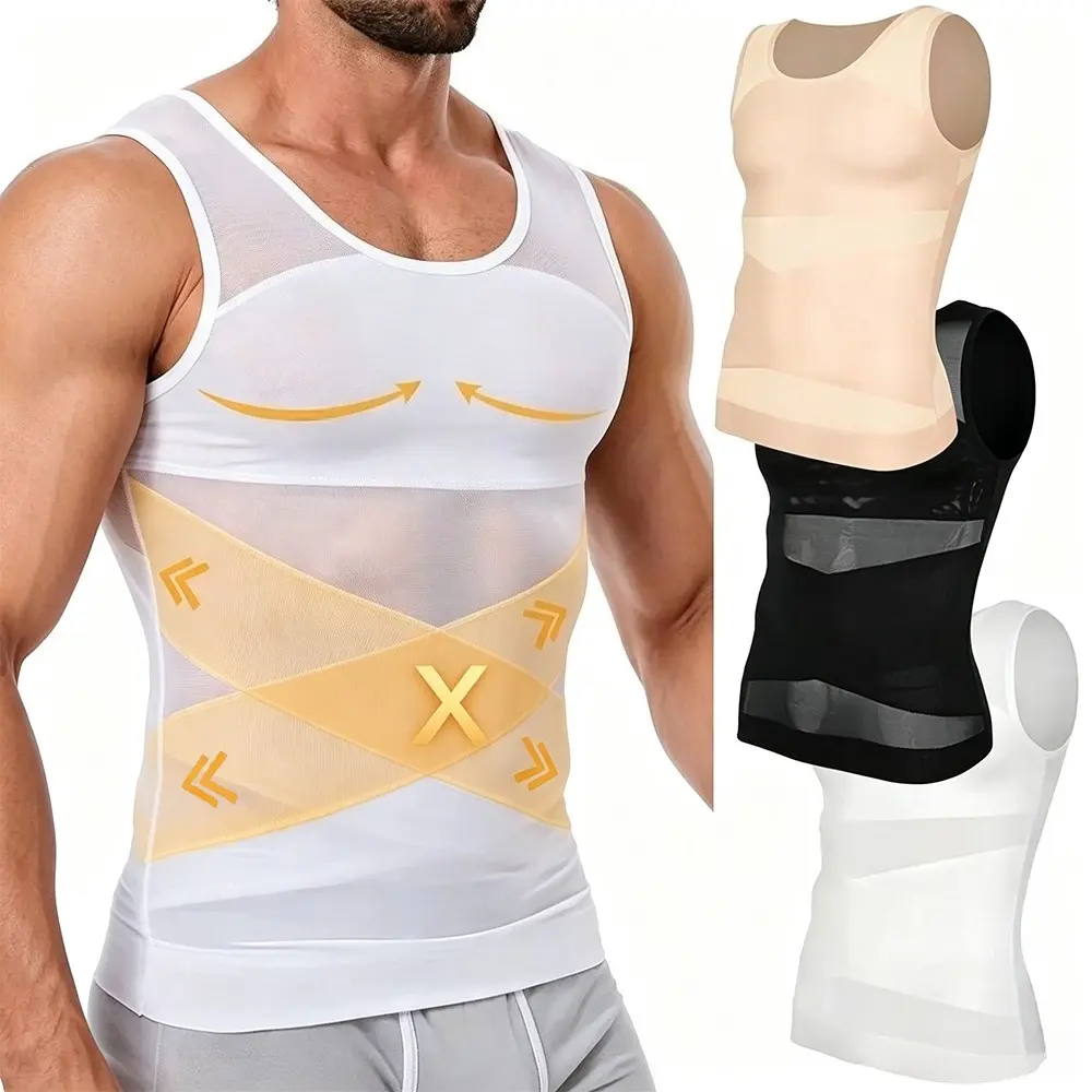 Men's High Elastic Double-Layer Cross Abdominal Support Tummy Control Round Neck Sports Workout Body Shaper Tank Top Shapewear Vest