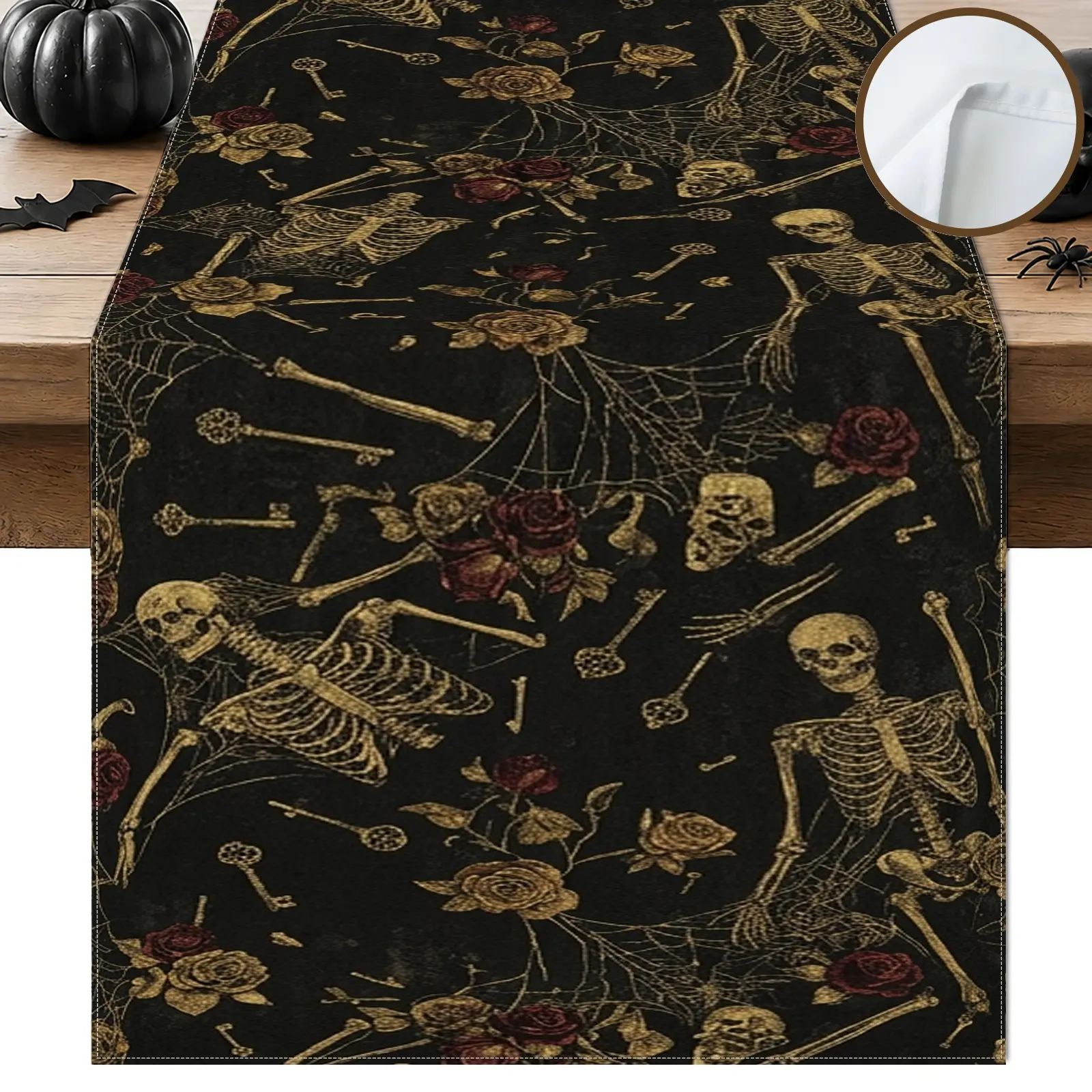 1pc Skeleton Rose Table Runner, Gothic Style, Floral Border Decorative Print, for Dining Table Halloween Party Home Decor Fall Decor