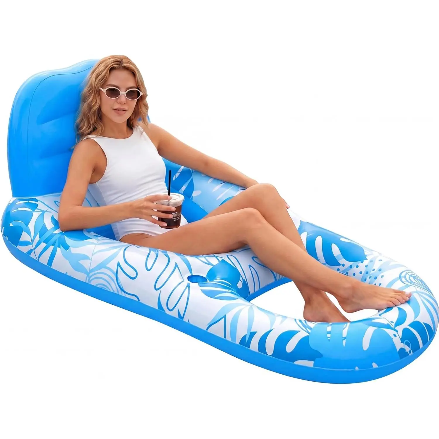 Inflatable Pool Float Lounger for Adults with Cup Holders & Foot Rest, Water Recliner Chair Swimming Raft Floaties