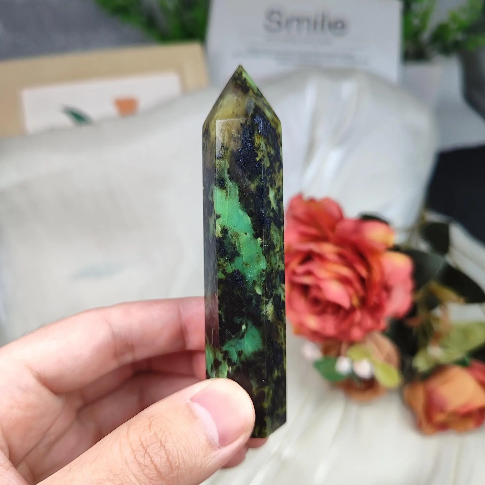 Natural Green Opal Tower,Black and Green Stripe Stone Point,3.15-3.94 in,Reiki Healing,crystal home decor, crystal altar decor, desk crystal decor, halloween/christmas decoration.