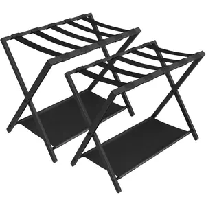 Folding Luggage Rack Suitcase Stand for Guest, Foldable Luggage Holders with Shelf, Steel Frame with Nylon Straps for Bedroom Hotel, Holds up to 154 lb, Black, 2 Pack LR03901B