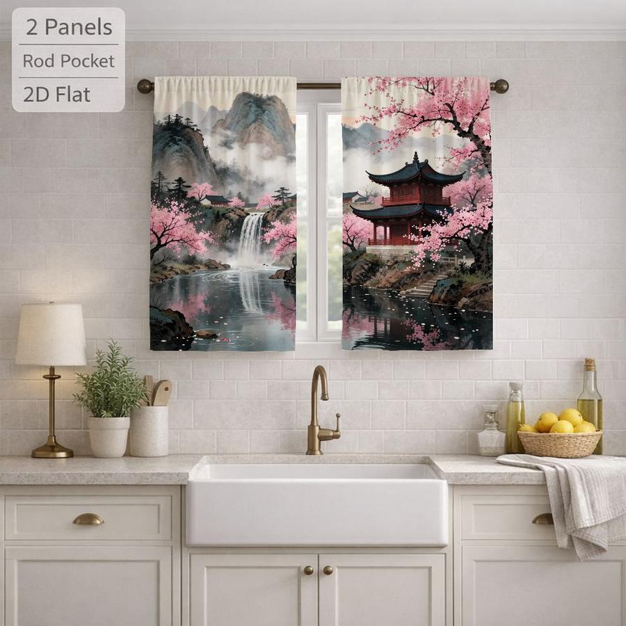 2Pcs Traditional Chinese Landscape Pagoda Cherry Blossom Waterfall Pattern Curtains Digital Printed Rod Pocket, Window Treatment For Bedroom Office Kitchen Living Room Study Home Decor