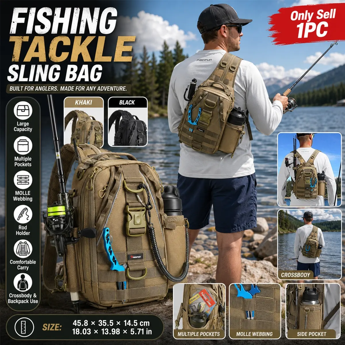 Fishing Backpack Tactical Sling Crossbody Bag, Lightweight Outdoor Gear Storage Pack with Rod Holder, Lure Storage, Webbing, Multiple Pockets & Side Bottle Pocket, Adjustable Shoulder Chest Bag for Men and Women Fishing Hiking Camping Travel