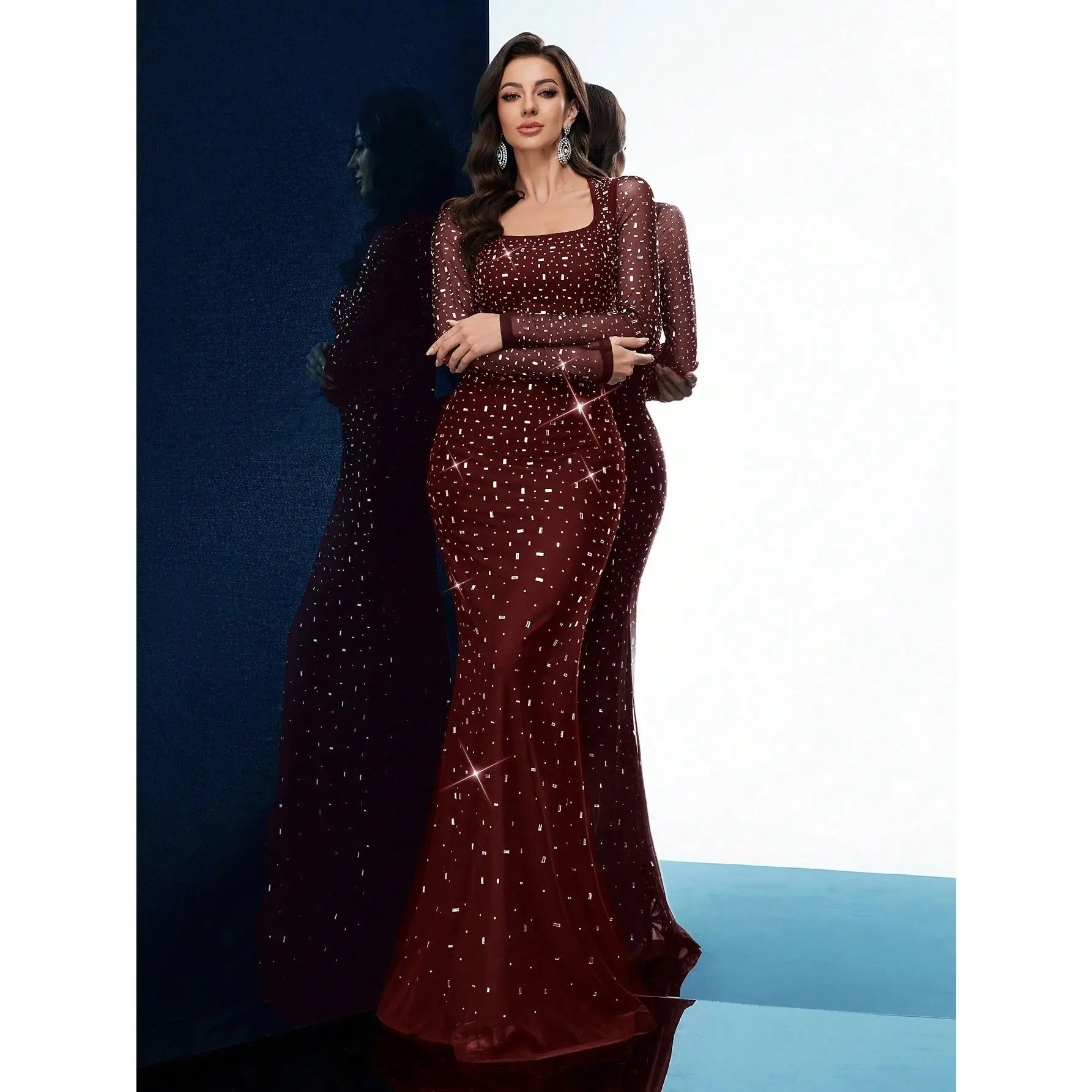 Burgundy Mesh Rhinestone Mermaid Evening Gown| Square Neck Long Sleeve Formal Prom Dress
