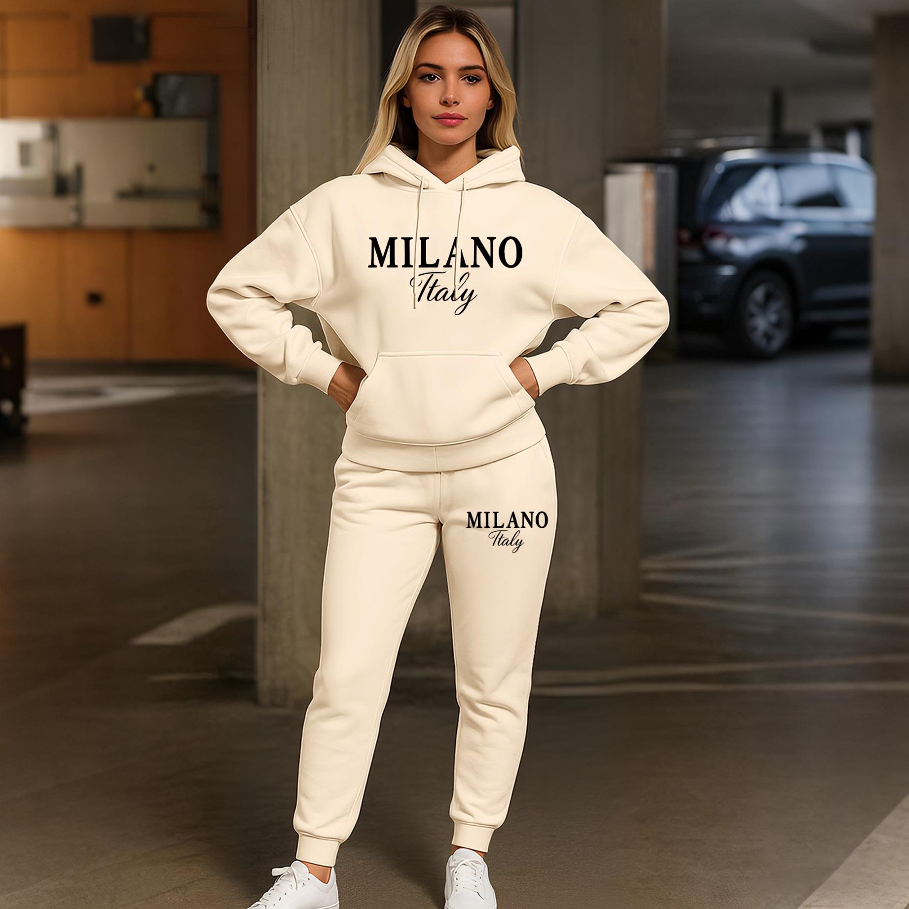 Women's MILANO Print Hoodie & Jogger Set, Long Sleeve Hooded Sweatshirt + Drawstring Pants, Fall/Winter Casual Sportswear, Comfortable Streetwear Tracksuit for Indoor & Outdoor Women's MILANO Print Hoodie & Jogger Set, Long Sleeve Hooded Sweatshirt + Drawstring Pants, Fall/Winter Casual Sportswear, Comfortable Streetwear Tracksuit for Indoor & Outdoor
