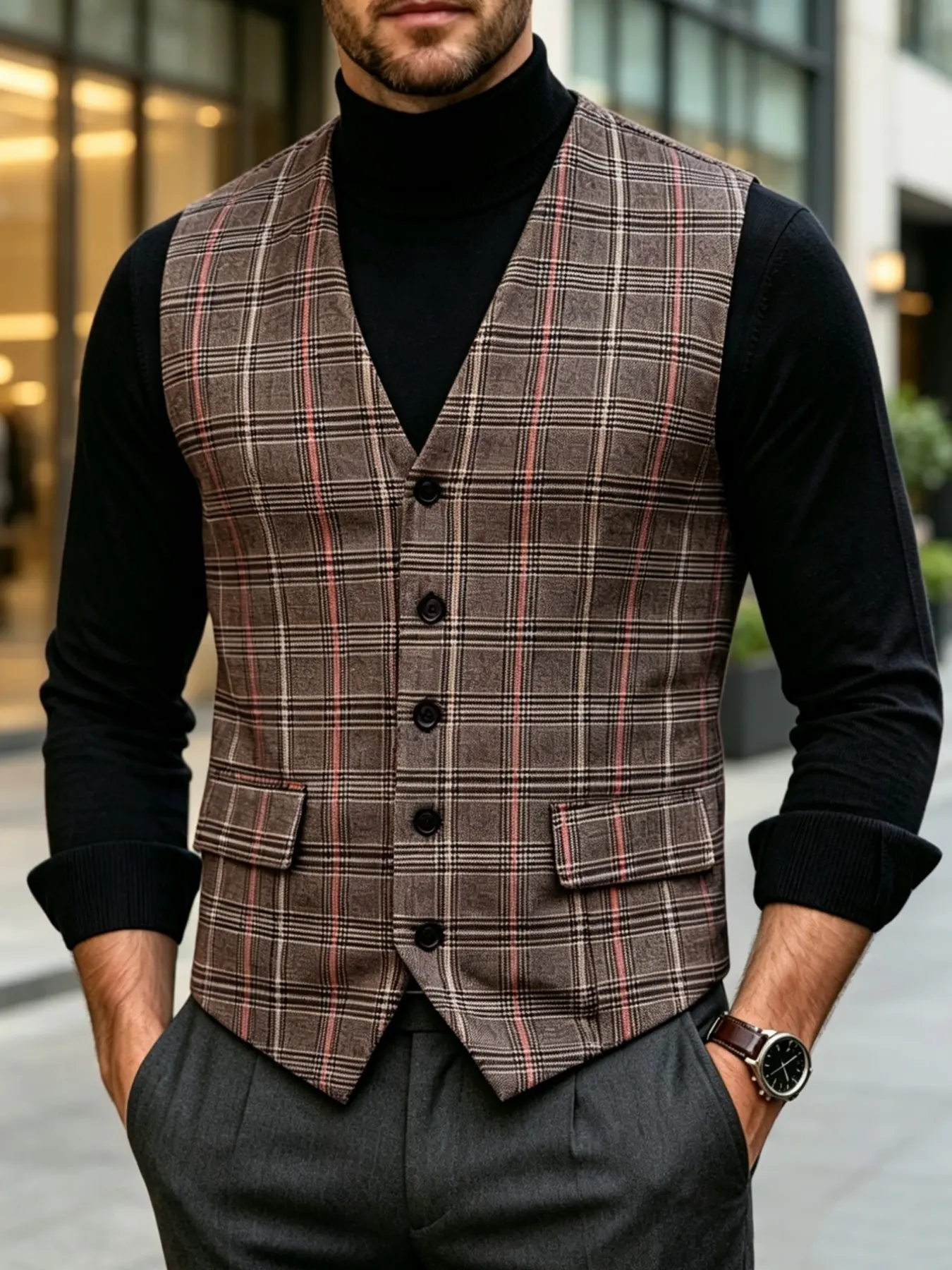 Men's Suit Gilet, Vintage Plaid Sleeveless Vest, Single Button Formal Waistcoat, V-Neck Outerwear for Daily Commute and Weddings, Checked
