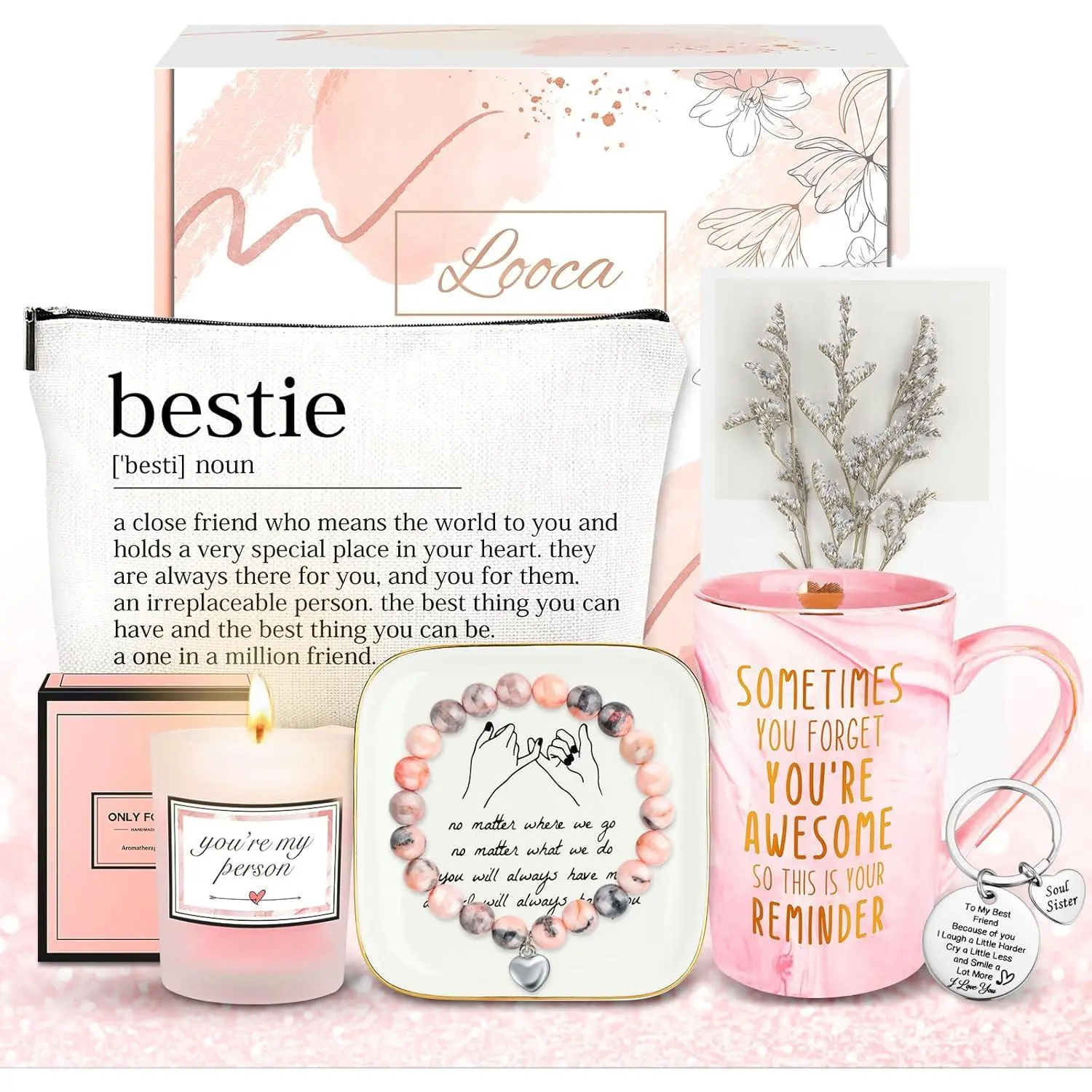 Unique Birthday & Friendship Gifts for Women Best Friend Bestie BFF Soul Sister - Gift Set with Mug Keychain Candle Bracelet