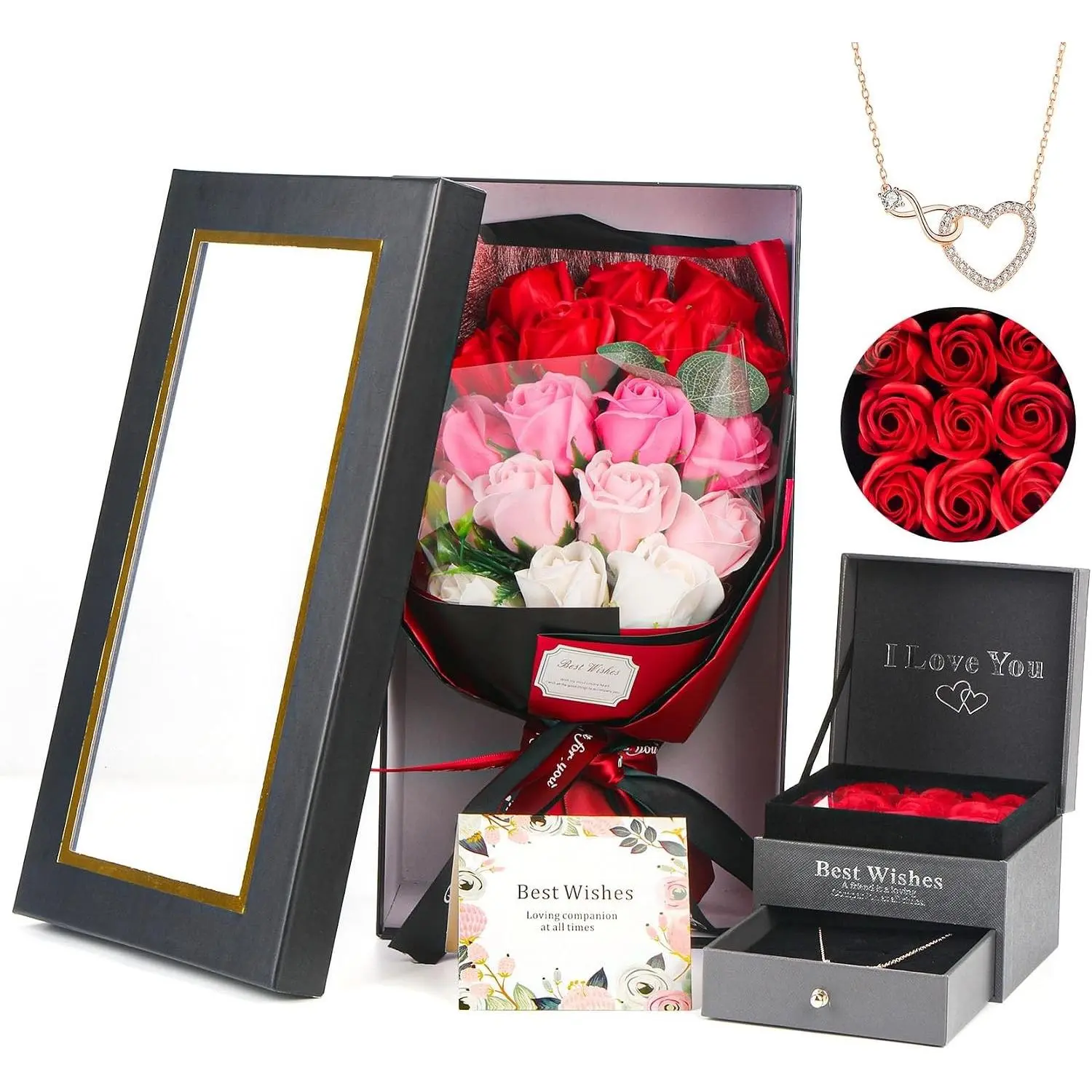 Preserved Rose Bouquet (Rosas Eternas) 18 Pcs with Beautiful Love Necklace, Unique Gift for Birthday, Valentine's Day, Mother's Day, Thanksgiving, Christmas, Anniversary