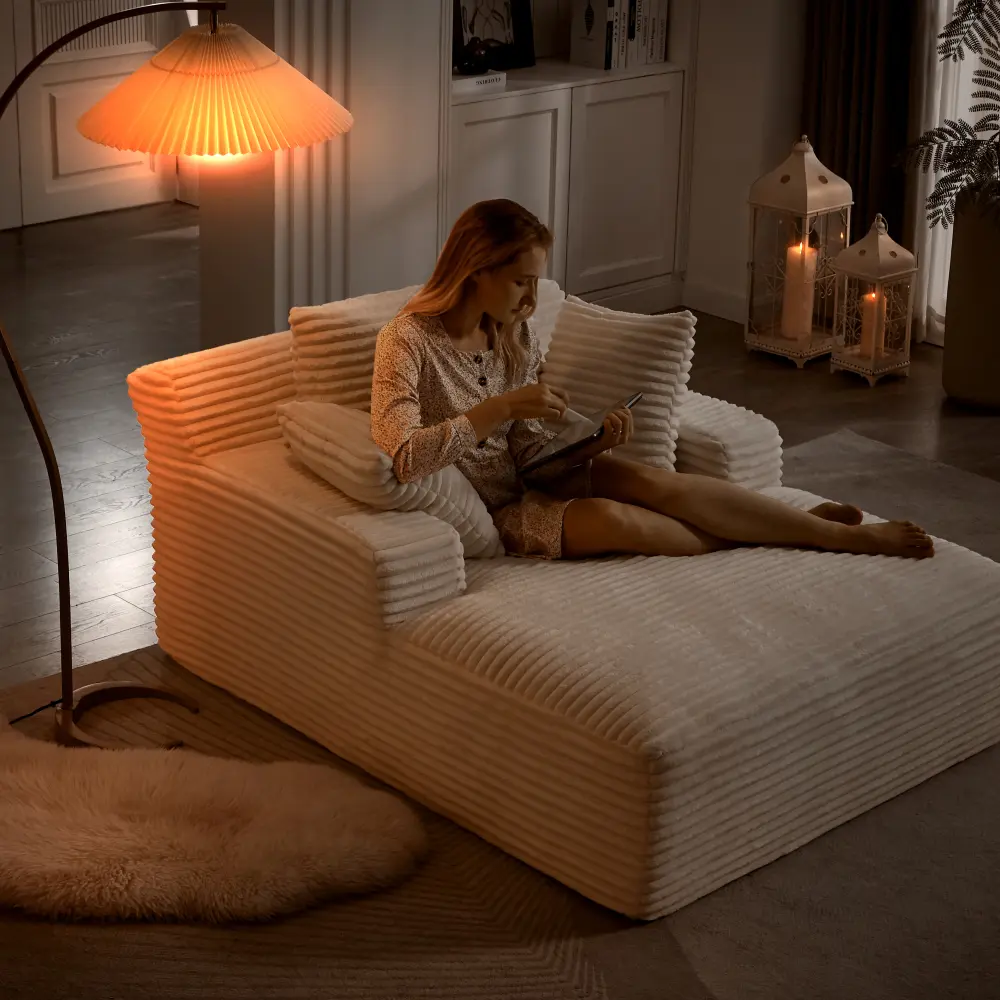 Oversized Chaise Lounge Chair Indoor, Corduroy Upholstered Modern Sofa Couch,No Assembly Required,Comfy Sleeper Sofa for Living Room,Office