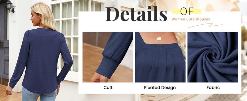 Women's Puff Long Sleeve Tops Dressy Casual Square Neck Pleated Work Blouse Fall Trendy Tunic Flowy Chiffon Shirts Multiple Color Stand Collar