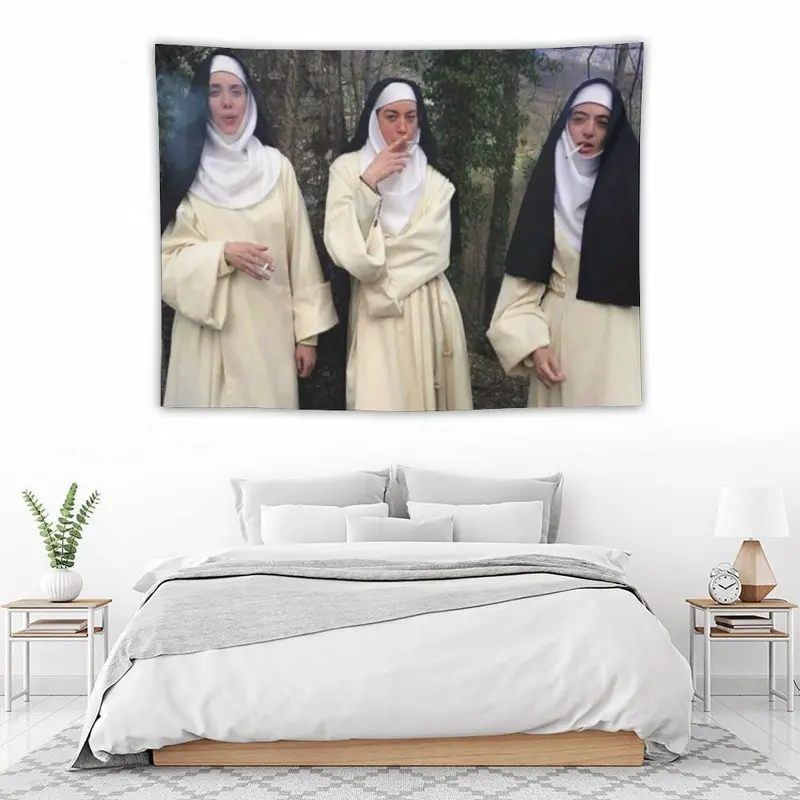 Smoking Nuns Aesthetic Tapestry Vintage Retro Girls Costume Funny Meme Wall Hanging Weird Core Boho Room Decoration College Dorm Party Background Banner Gift
