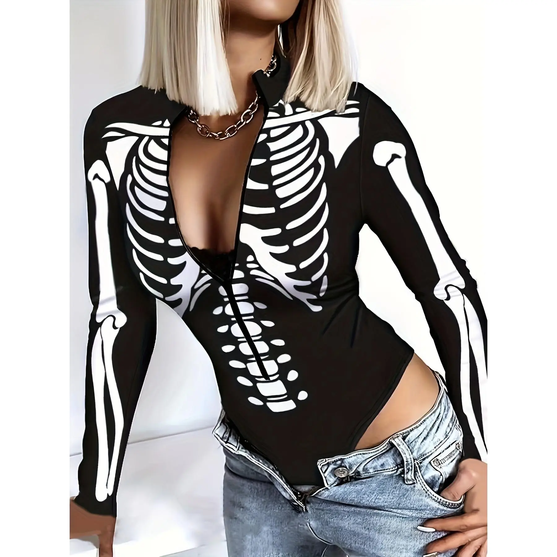 Women's Full-Zip Skeleton Costume Jumpsuit - White & Black Gothic Outfit with Back Zipper, Short Sleeve & Spine Bone Pattern - Machine Washable Halloween Party Dress for s, Themed Events & Costume Parties