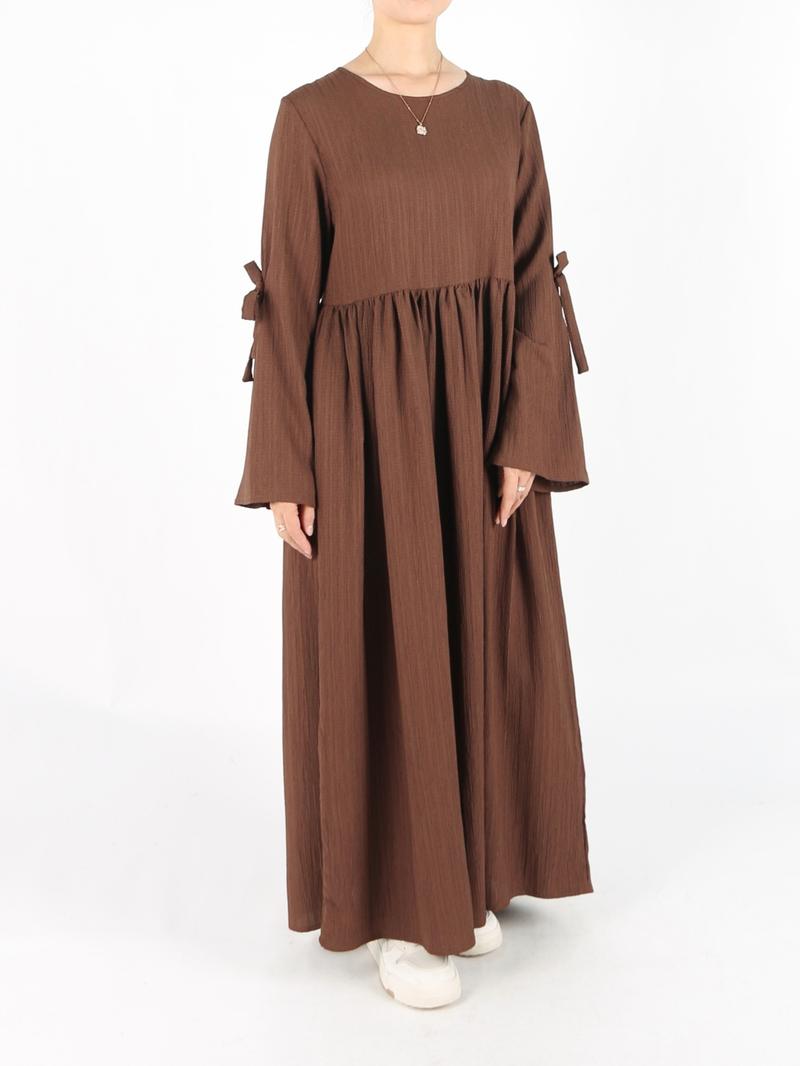 Women's Plain Bow Decor Flounce Sleeve Pocket Smock Dress, Casual Long Sleeve Round Neck Zipper Back Dress for Daily Wear, Ladies Clothes for All Seasons