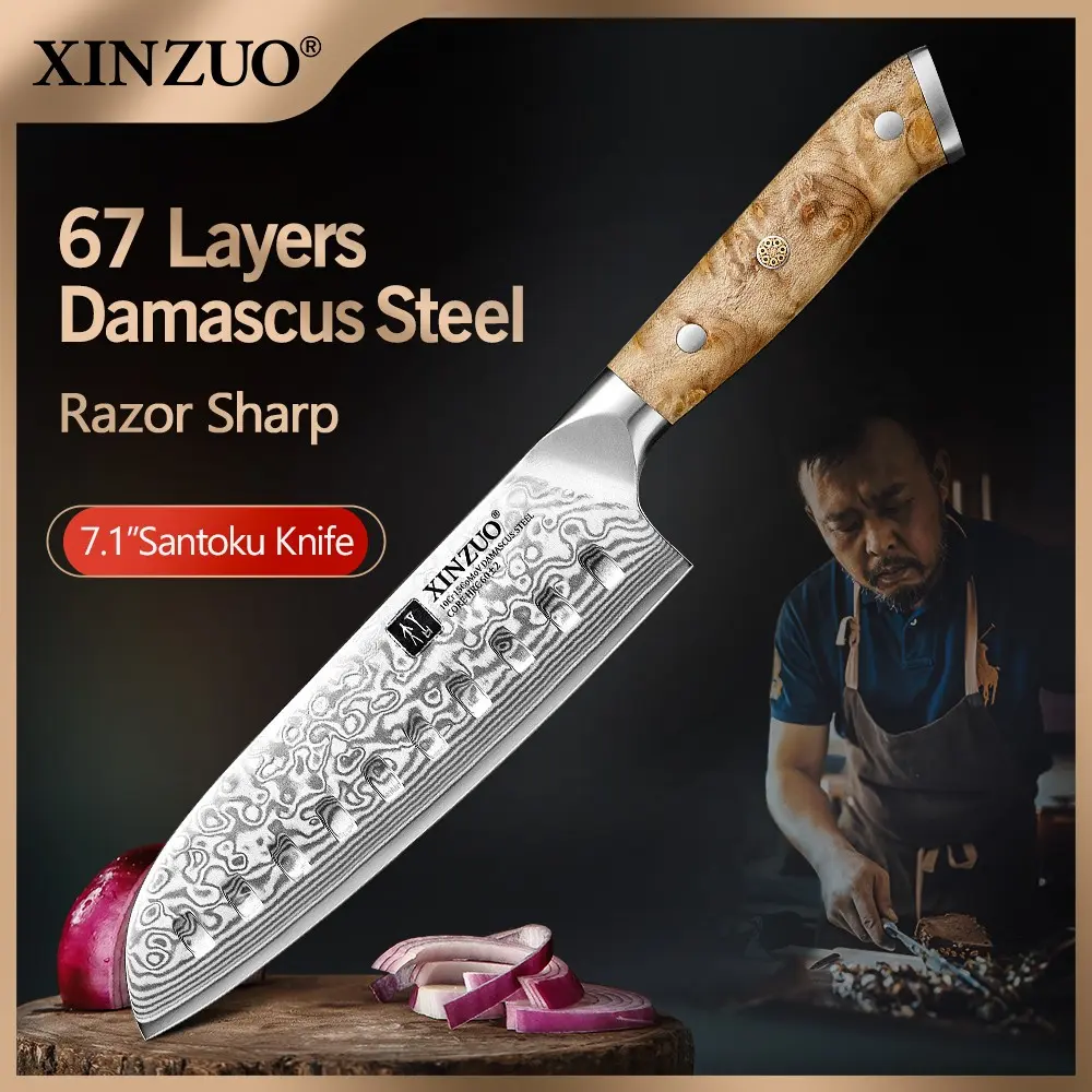 XINZUO 7.1 Inch Japanese Santoku Knife, 67 Layers Custom Damascus Steel Kitchen Knife, Hardness 60±2HRC, Sharp Vegetable Fruit Slicing Knife, Ergonomic handle,for Daily Home Cooking Prep