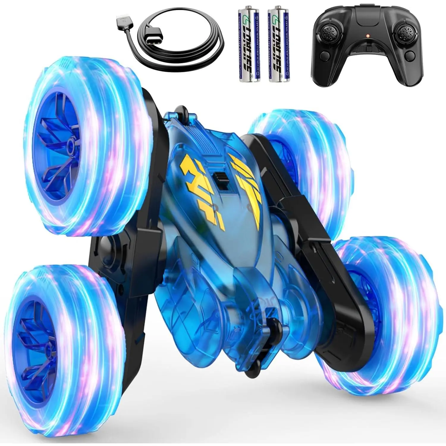 Remote Control Car,Stunt RC Cars For Kids with Colorful Light,Fast USB-C Charging,Double-Sided 360 °     Rotating Rechargeable 4WD RC Truck Car Toys  Ages 5-7 Gift  Boys Girls Ages 8-12(Blue)