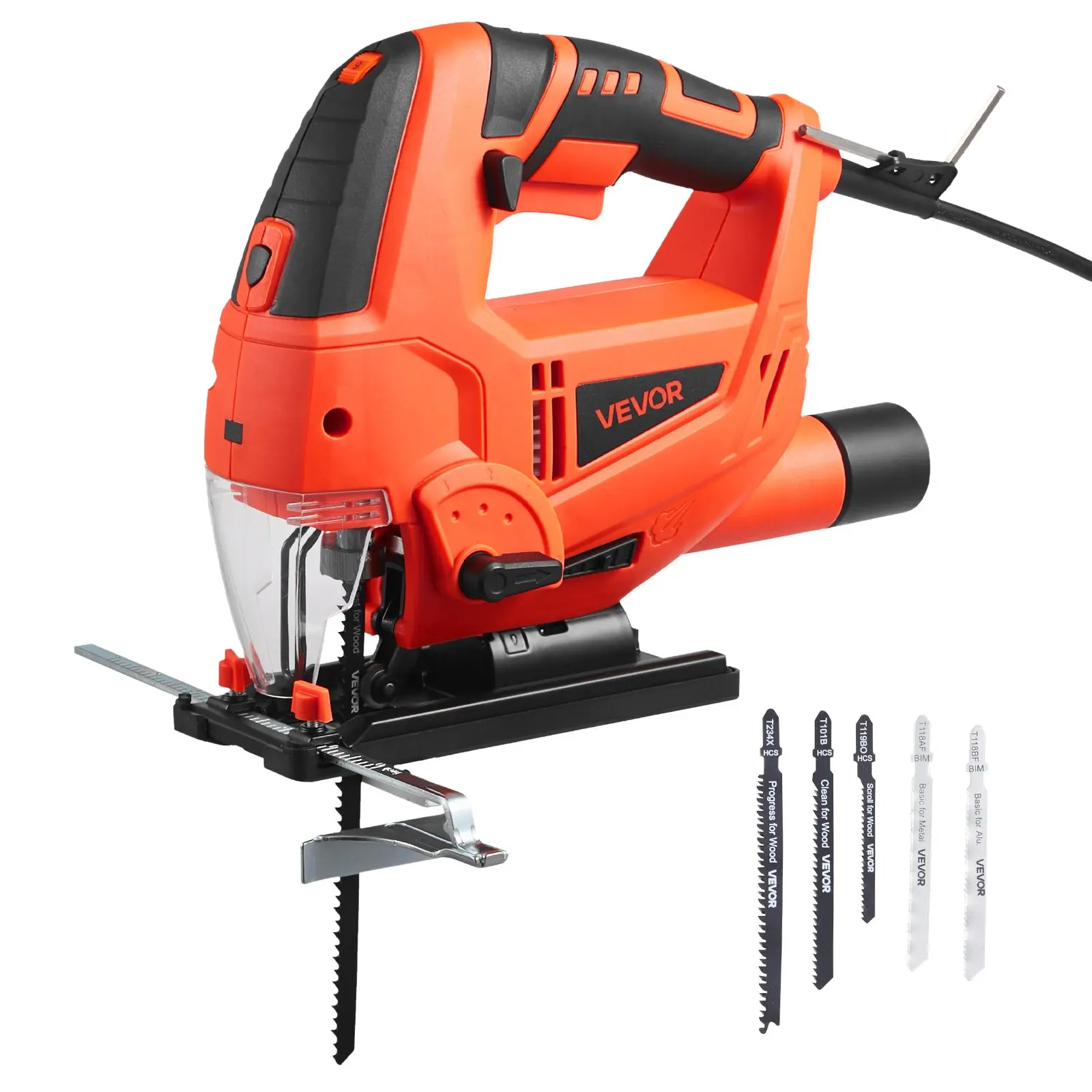 VEVOR Jig Saw, 6.5 Amp, 3000 SPM Blade Speed, Electric Jigsaw with 6 pcs Blades, LED Light, 6 Variable Speed, 0- 45° Bevel Cuts, 4 Orbital Settings for Straight/Circle Cutting, for Wood and Metal