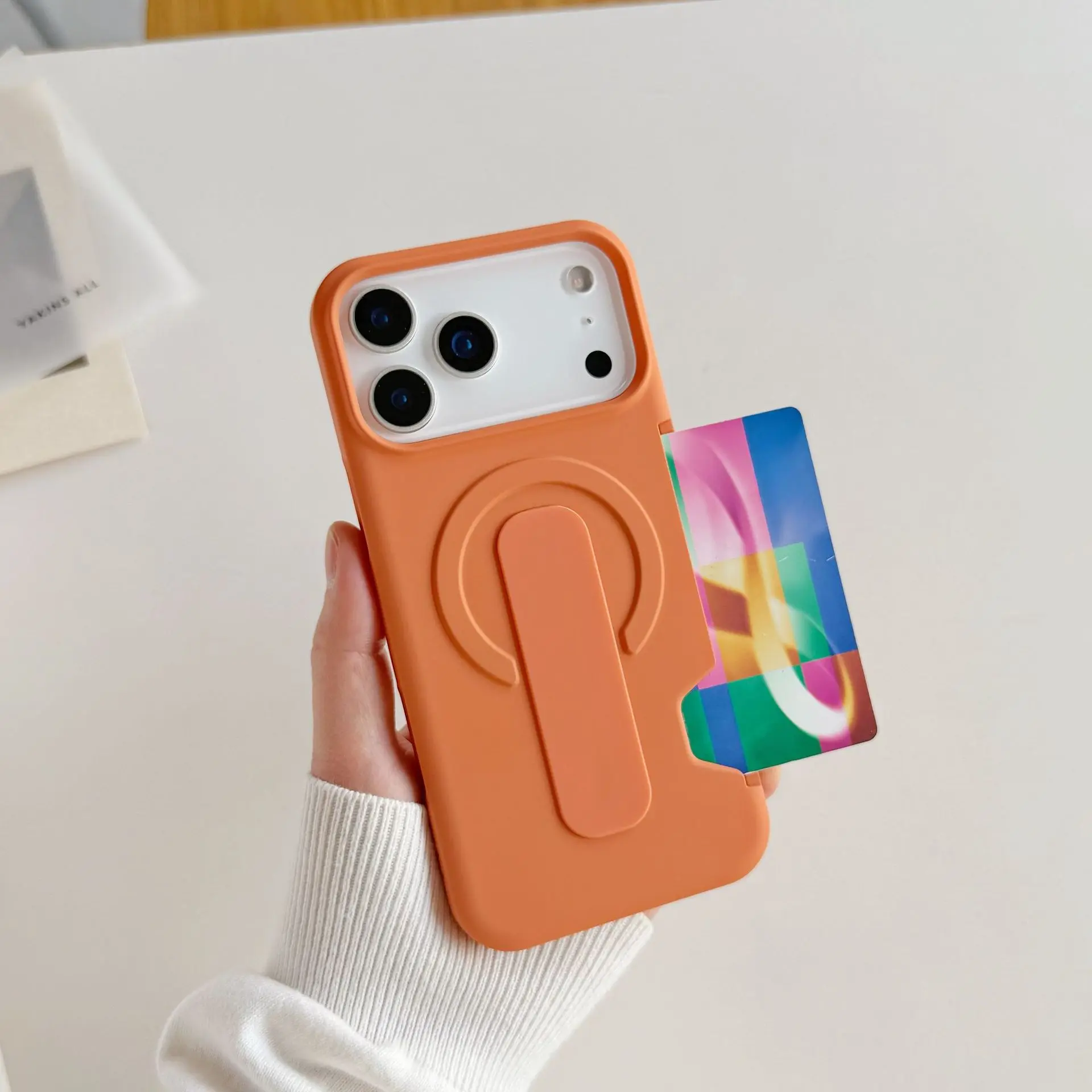 Minimalist Matte Silicone Phone Case With Hidden Card Slot & Foldable Kickstand Finger Holder, MagSafe Compatible Shock Absorbent Protective Phone Cover, Slim Lightweight Card Wallet Case For iPhone17promax 16 15 14 13 pro plusTravel Must Have Phone