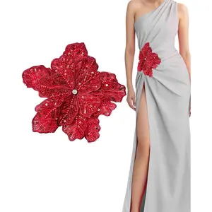1pc Handmade Large Flower Rhinestone Applique for Clothes Sparkly Sequin Beaded Patches for Wedding Dress Embroidery Lace Sewing Patches for Bodice Hat Jean Jacket (Red)