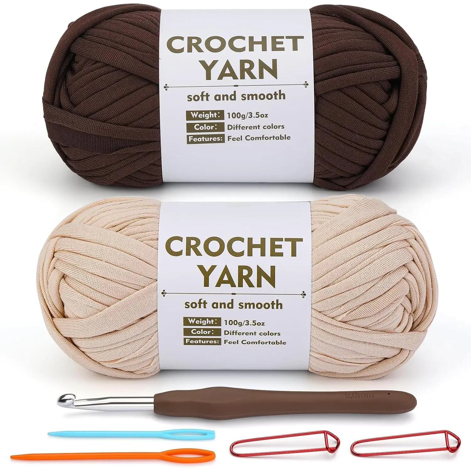2 Pack T-Shirt Yarn, Beige and Coffee Brown Crochet T Shirt Yarn for Crochet Bag/Baskets with Crochet Hook, Elastic Thick Tshirt Yarn Kit for Crocheting, Ribbon  Yarn, Knitting Ball