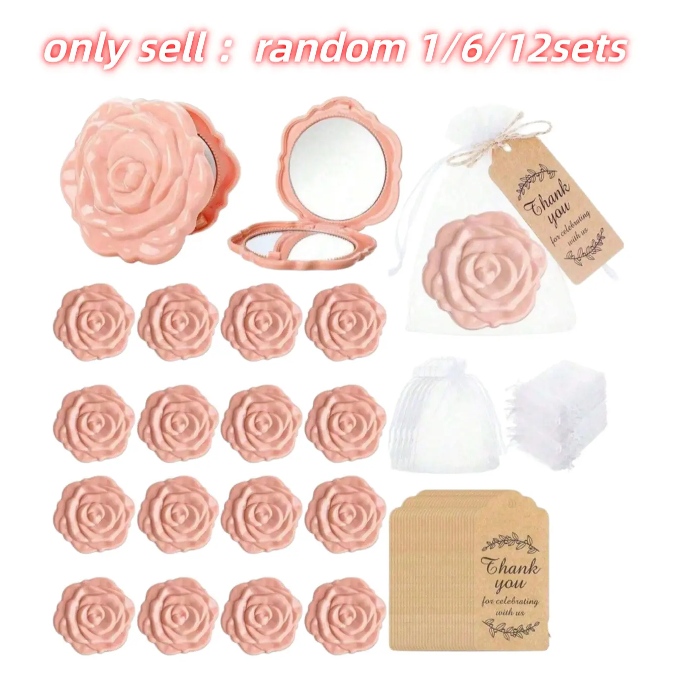 Elegant Rose Compact Mirror Set, Bridal Shower Favors with Thank You Cards, Wedding Souvenirs, Princess Theme Party Gifts