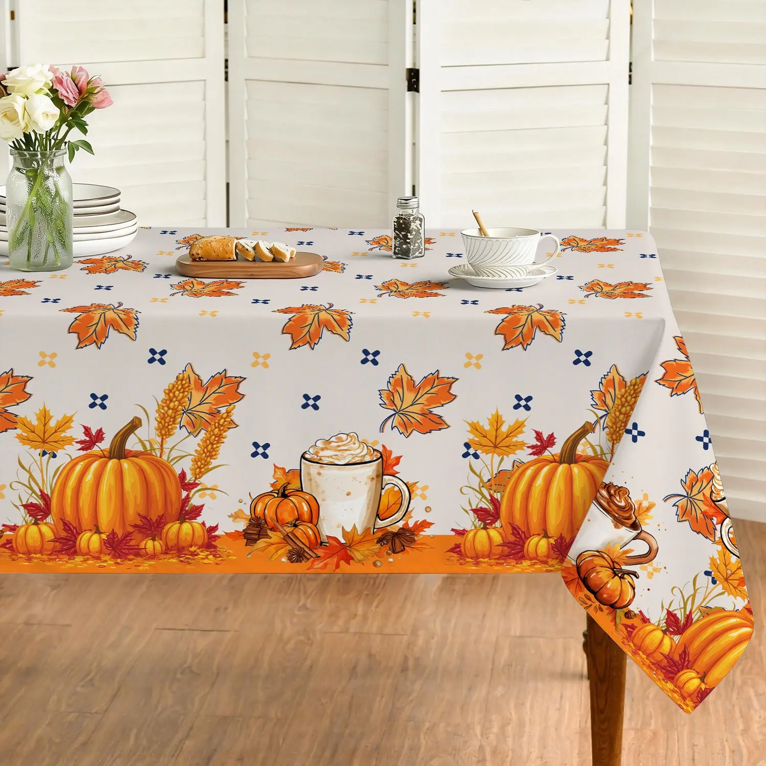 Autumn Thanksgiving Polyester Tablecloth, Wheat Grain Milk Tea Pumpkin Maple Leaf Washable Winter Dining Tablecloth, Home Decor (1pc)