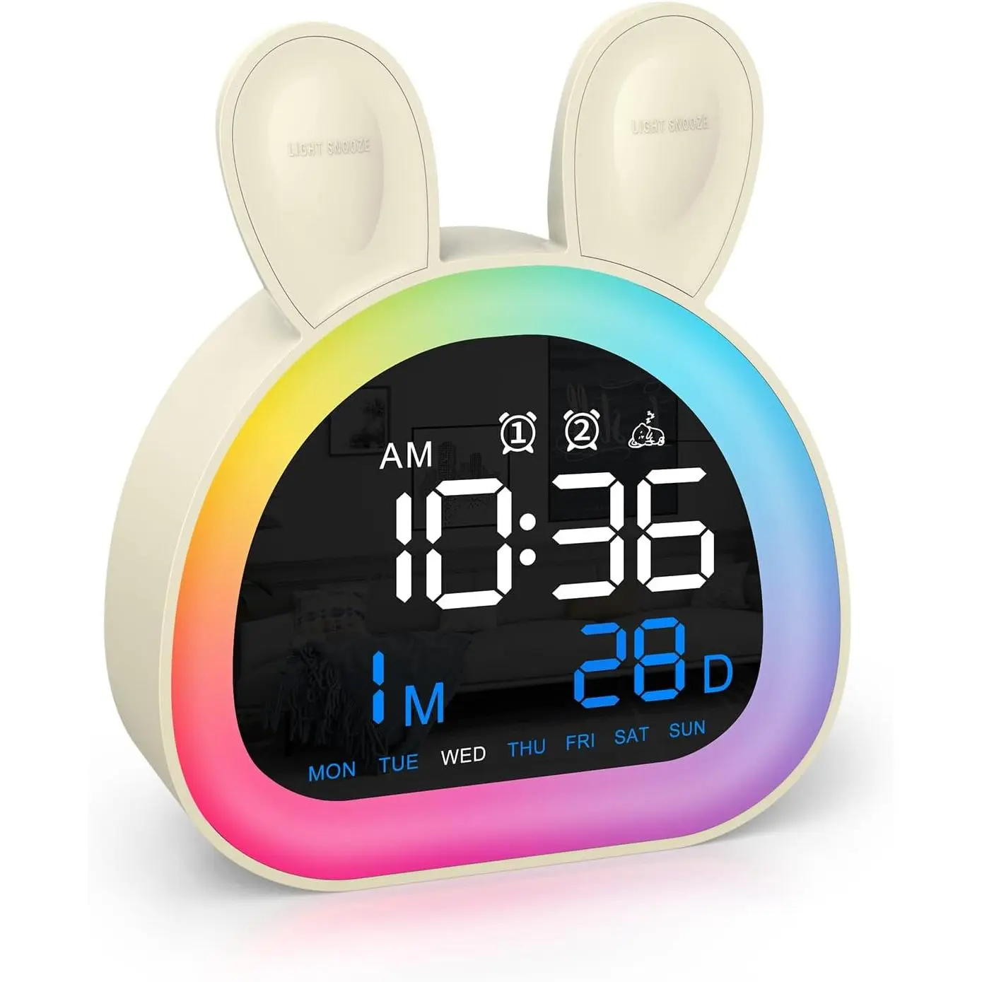 AMIR Kids Alarm Clock, Touch Control Alarm Clock for Kids, Dimmable Multi-Color Changing, 6 Alarm Sound, Snooze, Bluetooth Time Sync, Cute Rabbit OK to Wake Clock for Kids