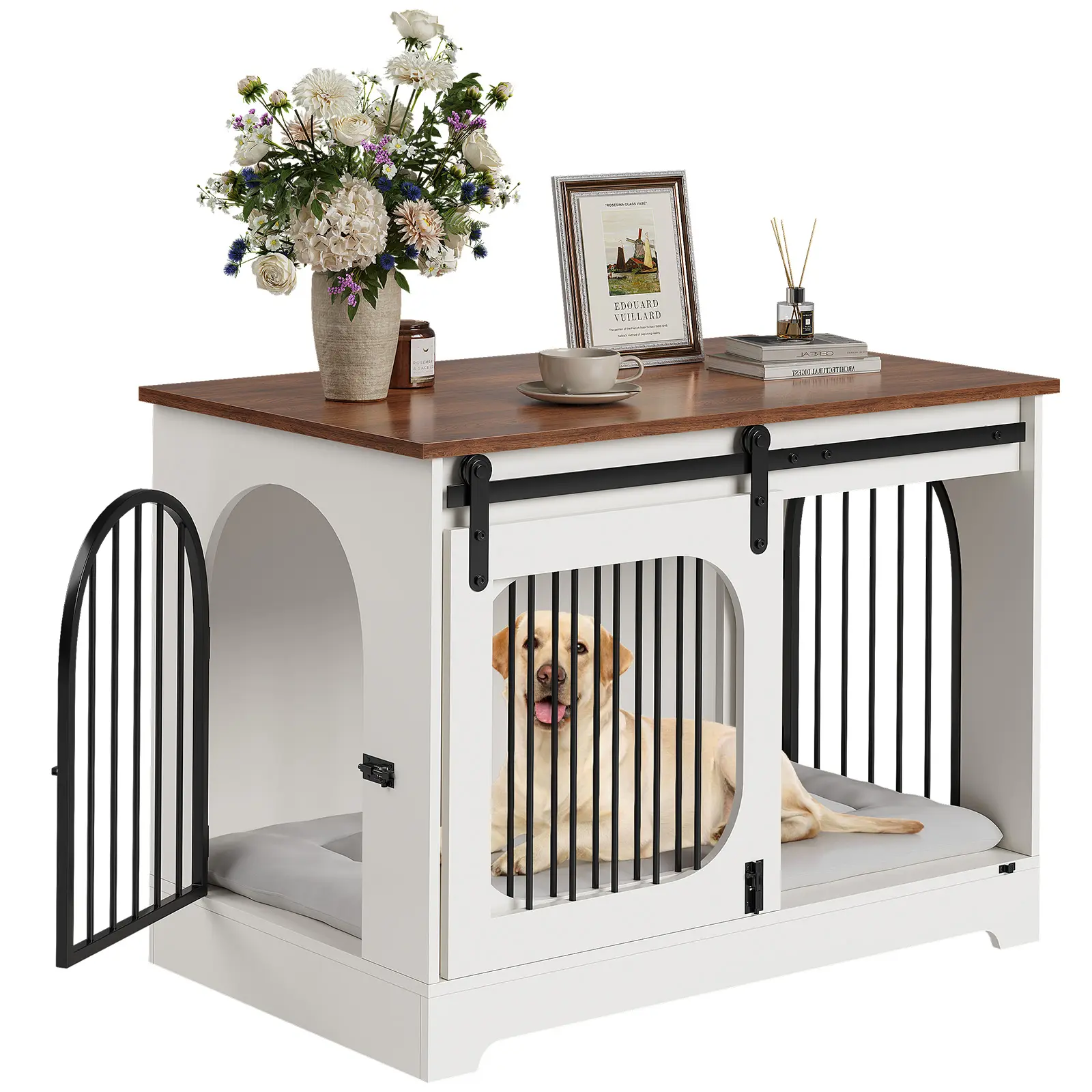 Heavy Duty Dog Crate – Rustic White/Brown – 3 Doors – End Table Kennel – Includes Soft Mat – For Medium Dogs up to 70 lbs – Living Room – Pet Cage, Convenient Triple-Door Access, High-Density Particleboard