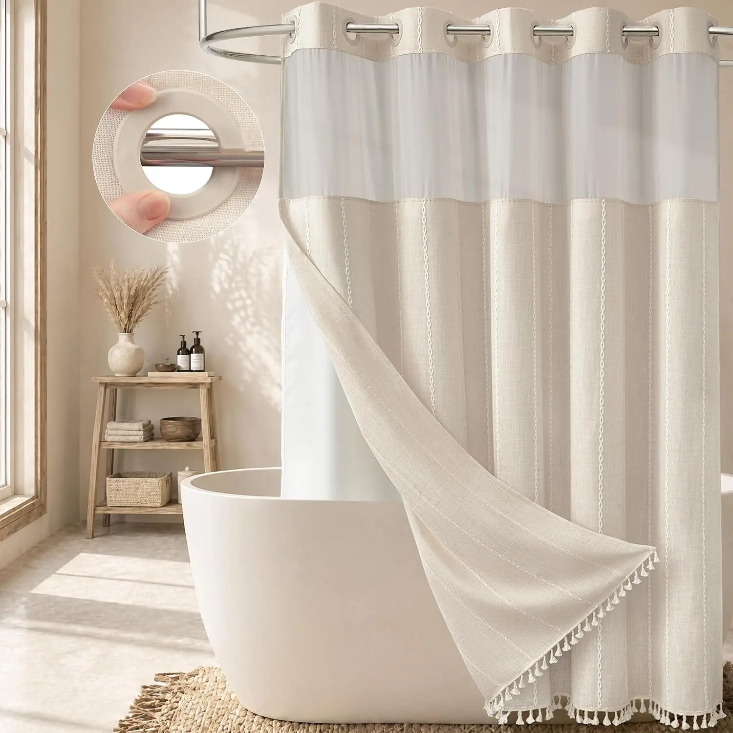 Boho Stripe Tassel Ringless Shower Curtain Set with Snap Liner (72x75in) - 3-in-1 Duty Bath Curtain, Farmhouse Style, Light, Decorative, Waterproof, Washable, Mesh Top Window, Easy Installation, Curtains