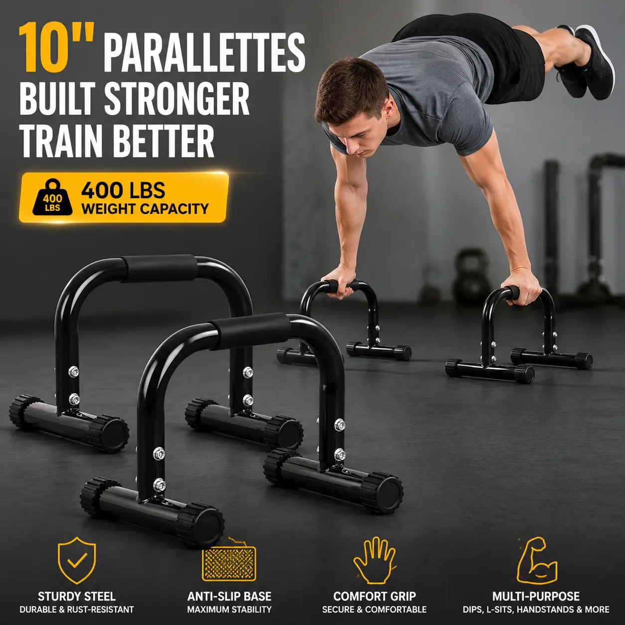 Powder Coated Steel Parallettes Bars, 10-Inch Calisthenics Equipment with Anti-Slip Base for Functional Training, Supports 400lbs, 2-Pack for Home Gyms