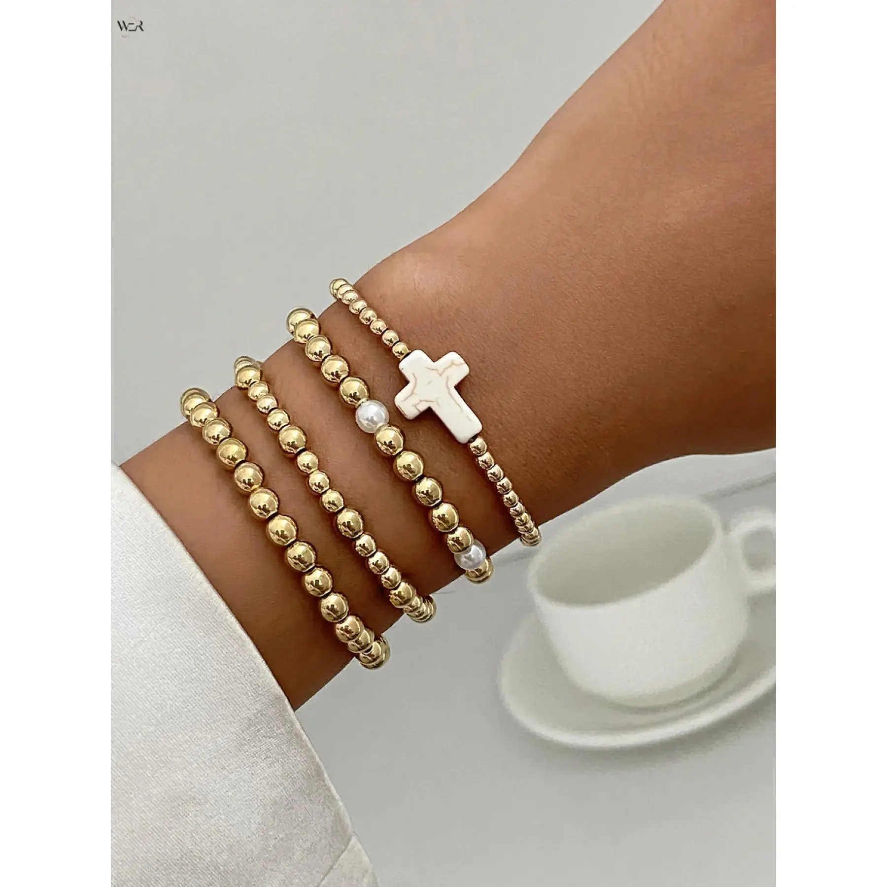 Bracelets for Women, 4-Piece Gold Beaded Layered Set with Spiritual Cross & Pearl Accents, Stackable Lightweight Minimalist Jewelry, Everyday Wear, Unisex, Cross Bracelets & Bangles, Arm Candy Accessories, Bejeweled Bracelets & Bangles
