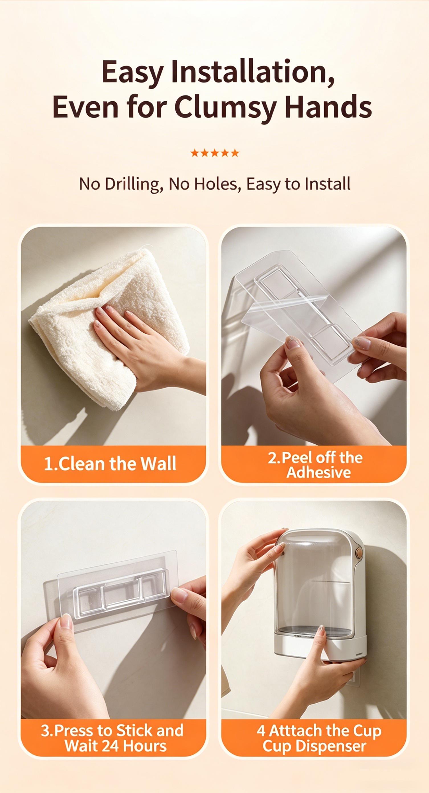 One-touch cup dispenser, automatic water dispenser, no-drill paper cup holder, dustproof kitchen storage rack, wall-mounted cup holder