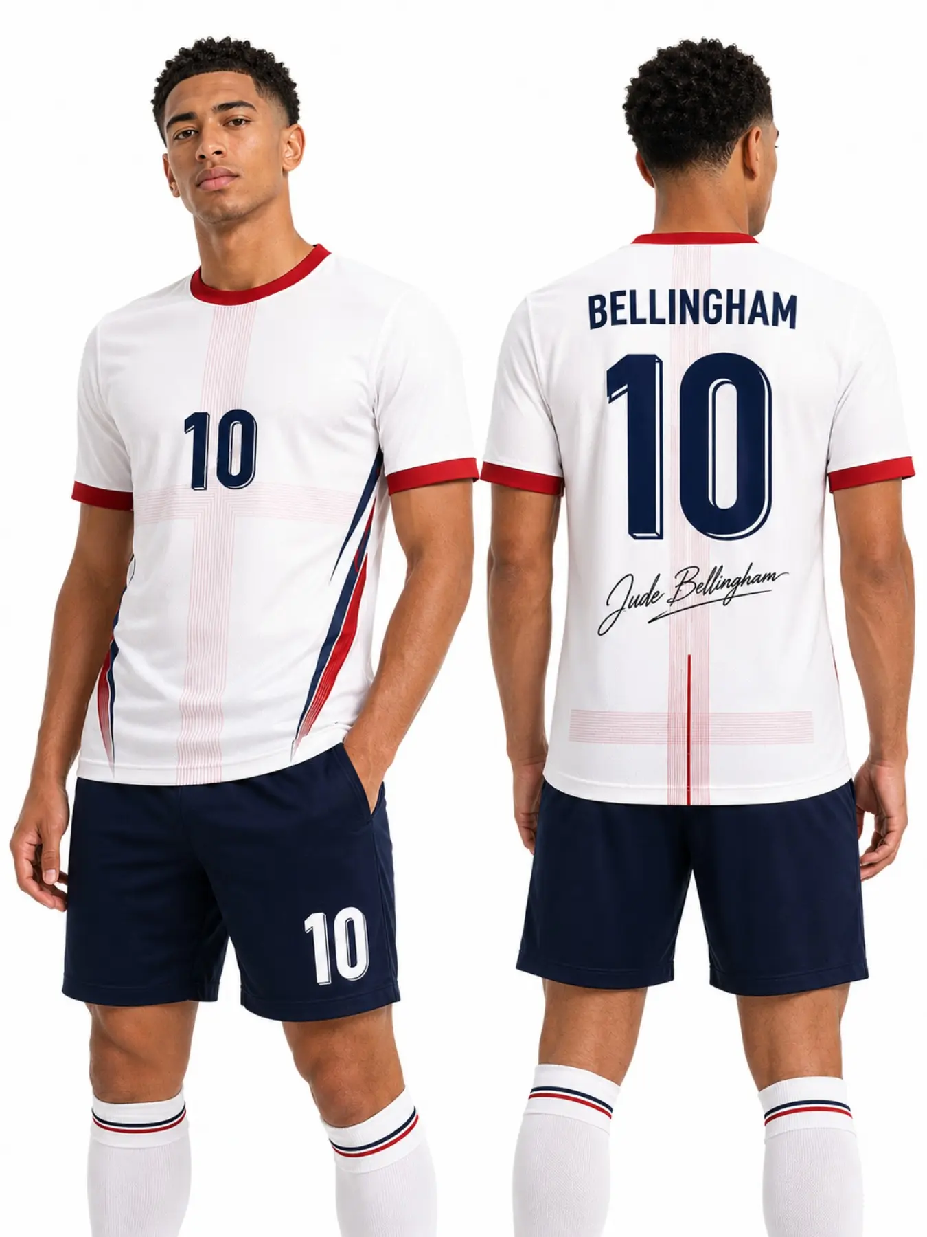 England Bellingham 10 Soccer Jersey T-Shirt, Men's Football Fan Signature Tee, Casual Loose-Fit Long Sleeve, All-Over Print