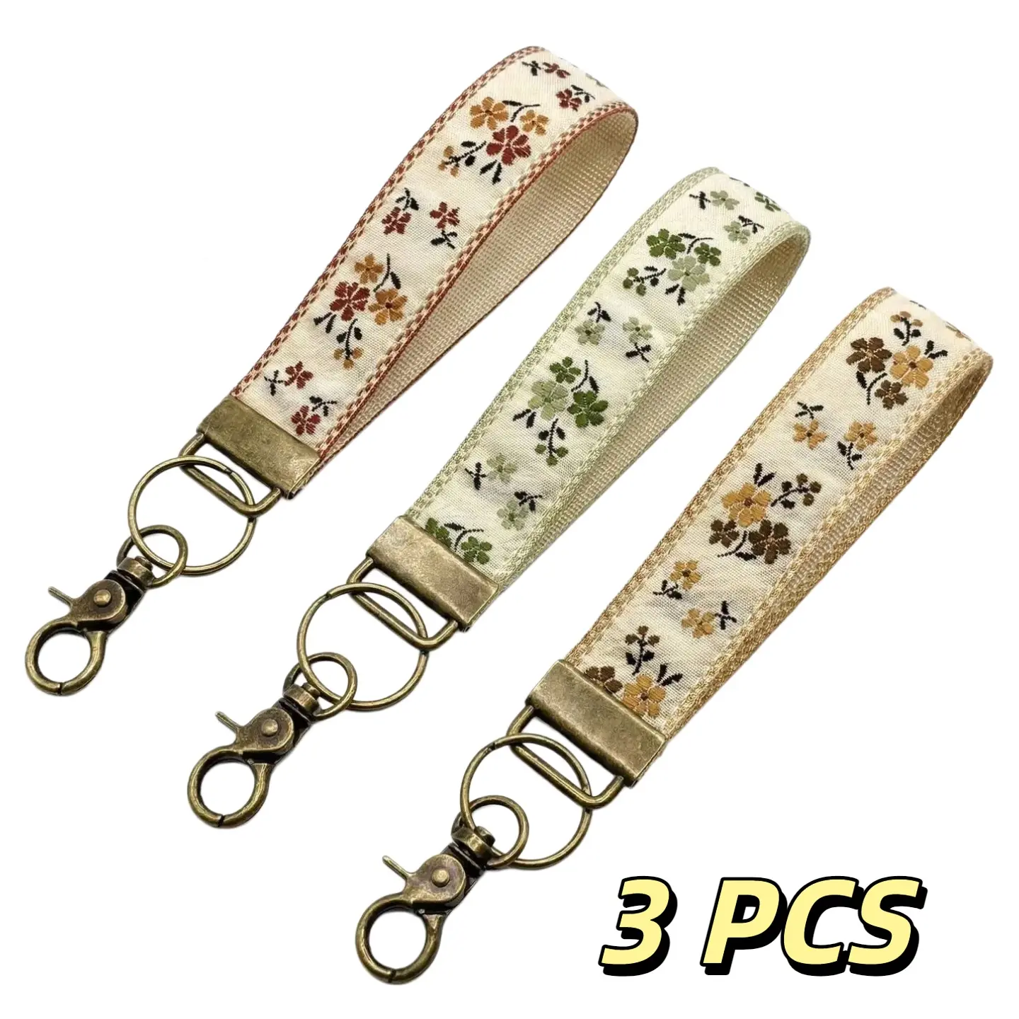 3-Pack Boho Floral Print Wristlet Keychain, Unisex Embroidered Cotton Lanyard with Alloy Clasp for Everyday Use, Fabric, Unisex Wear, Boho Keychains