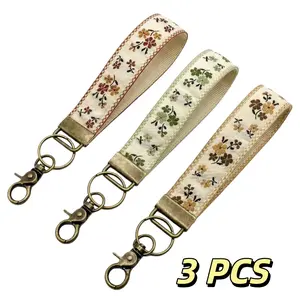 3pcs Boho Embroidered Wristlet Keychain for Both Men and Women- Cute Floral Fabric Key Chain Lanyard