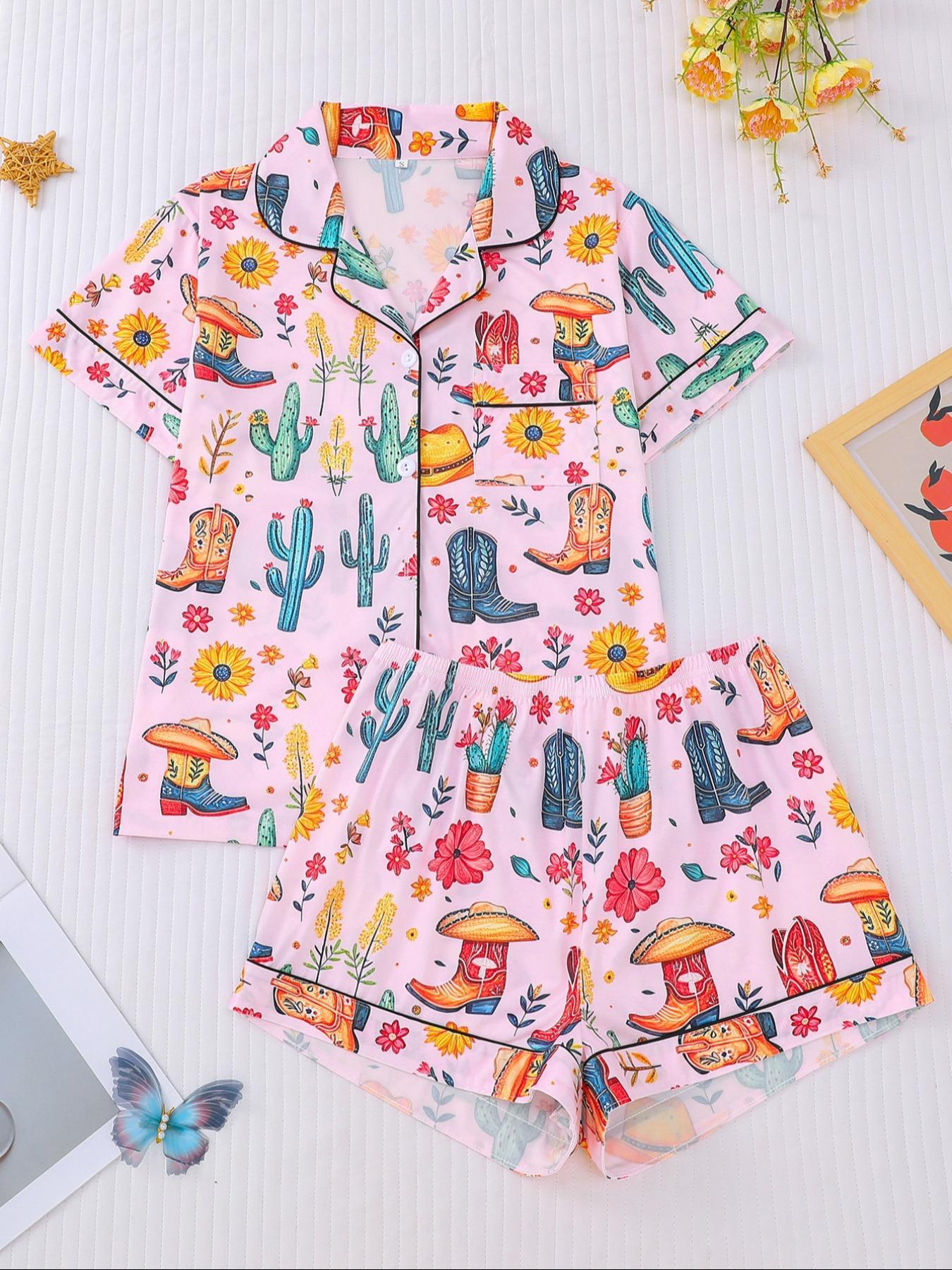 Women's All Over Cowboy Print Lapel Neck Button Front Pajama, Casual Comfy Short Sleeve Pocket Top & Elastic Waist Shorts PJ Set, Ladies Sleepwear Loungewear for All Seasons