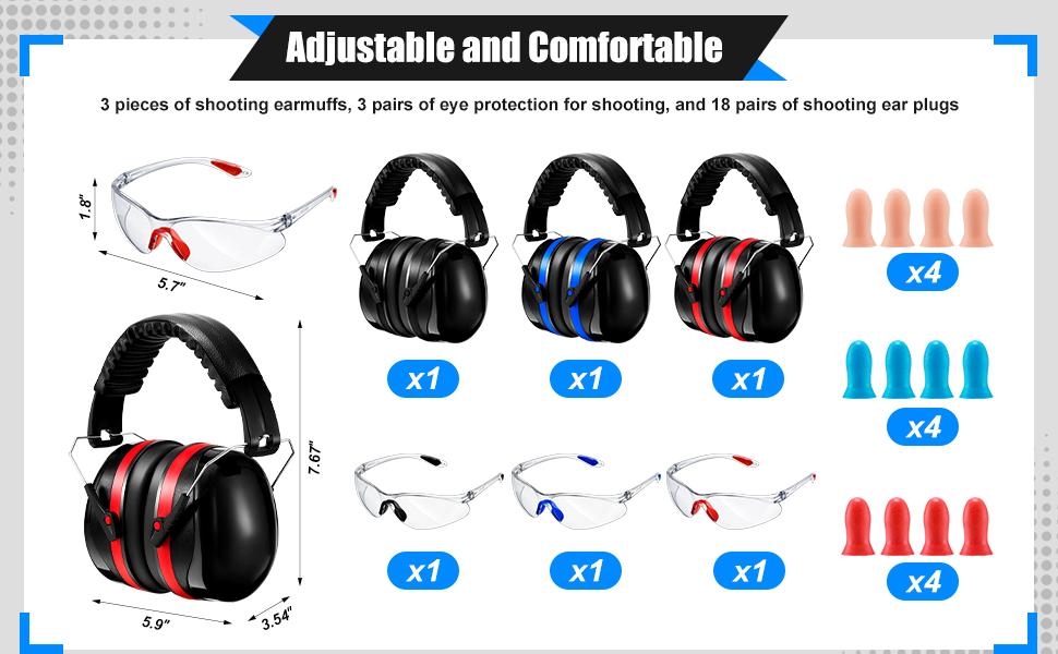 3 Pack Shooting Ear Protection for Gun, Hearing Protection Ear Muffs 28dB with Shooting Eye, Earplugs