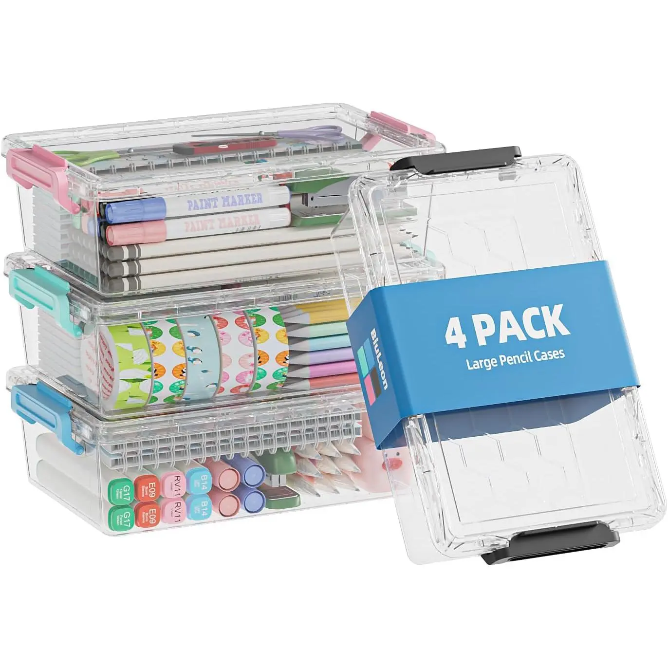 4 Pack  Pencil Box, Plastic Pencil Case Organizer, Clear Crayon Box Marker Organizer, Stackable Craft Organizers and Storage for Pen, Craft, Art (Green/Blue//Black)