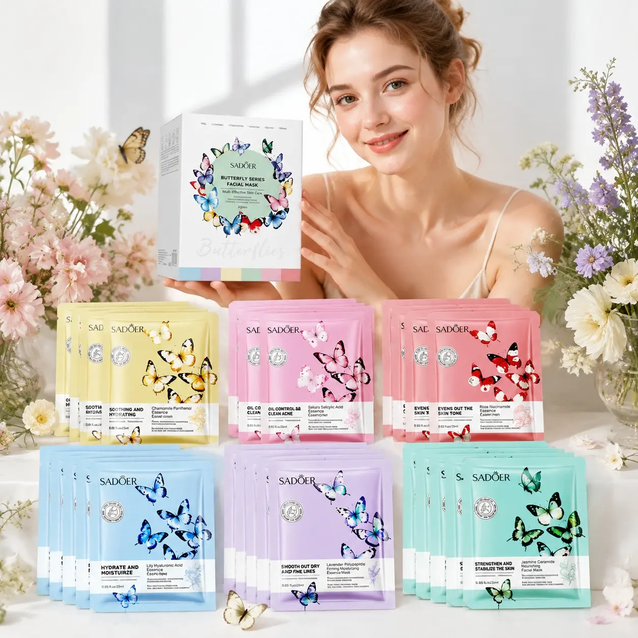 SADOER Butterfly Series Sheet Mask Set 25ml x 30 Sheets, 6-Variant Face Mask Variety Pack with Hyaluronic Acid, Peptide, Panthenol, Ceramide, Salicylic Acid and Niacinamide, Hydrating Soothing Nourishing Daily Facial Care, Individually Sealed