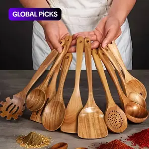10-Piece Natural Wood Kitchen Utensil Set, Wooden Cooking Utensils with Ergonomic Handles, Heat-Resistant, Includes Spoons & Spatulas, Ideal for Induction Cooktops #GLOBAL PICKS