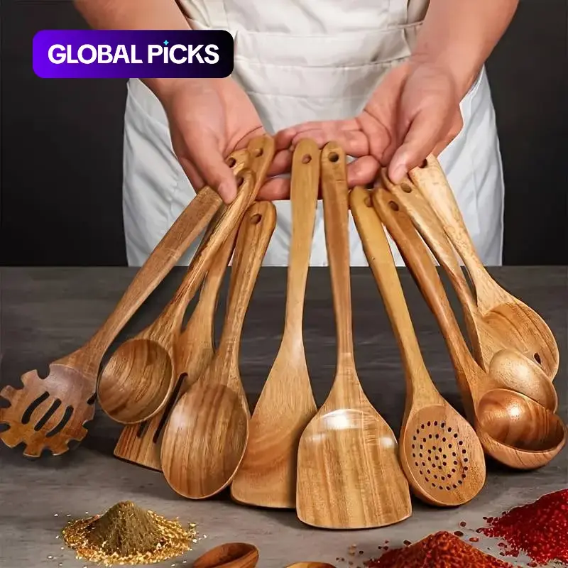 10-Piece Natural Wood Kitchen Utensil Set, Wooden Cooking Utensils with Ergonomic Handles, Heat-Resistant, Includes Spoons & Spatulas, Ideal for Induction Cooktops #GLOBAL PICKS